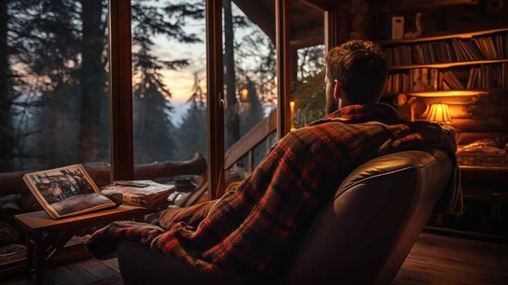 Person relaxing in a cozy mountain cabin at dusk.
