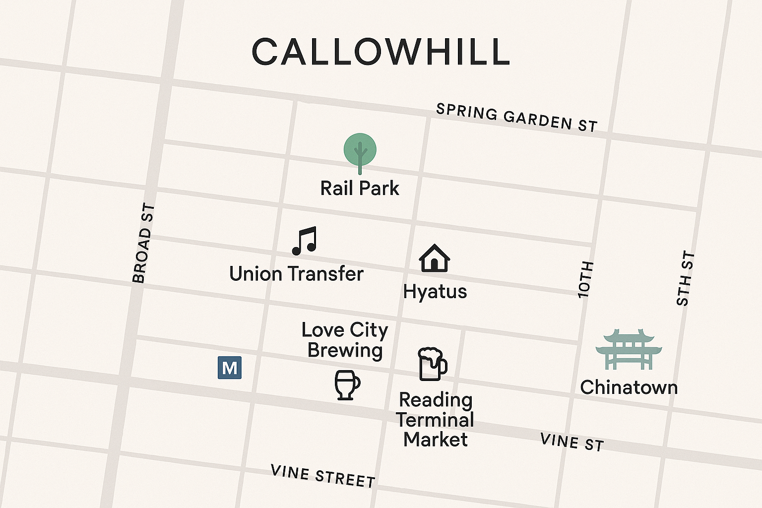 Map of Callowhill neighborhood showing key landmarks and Hyatus location
